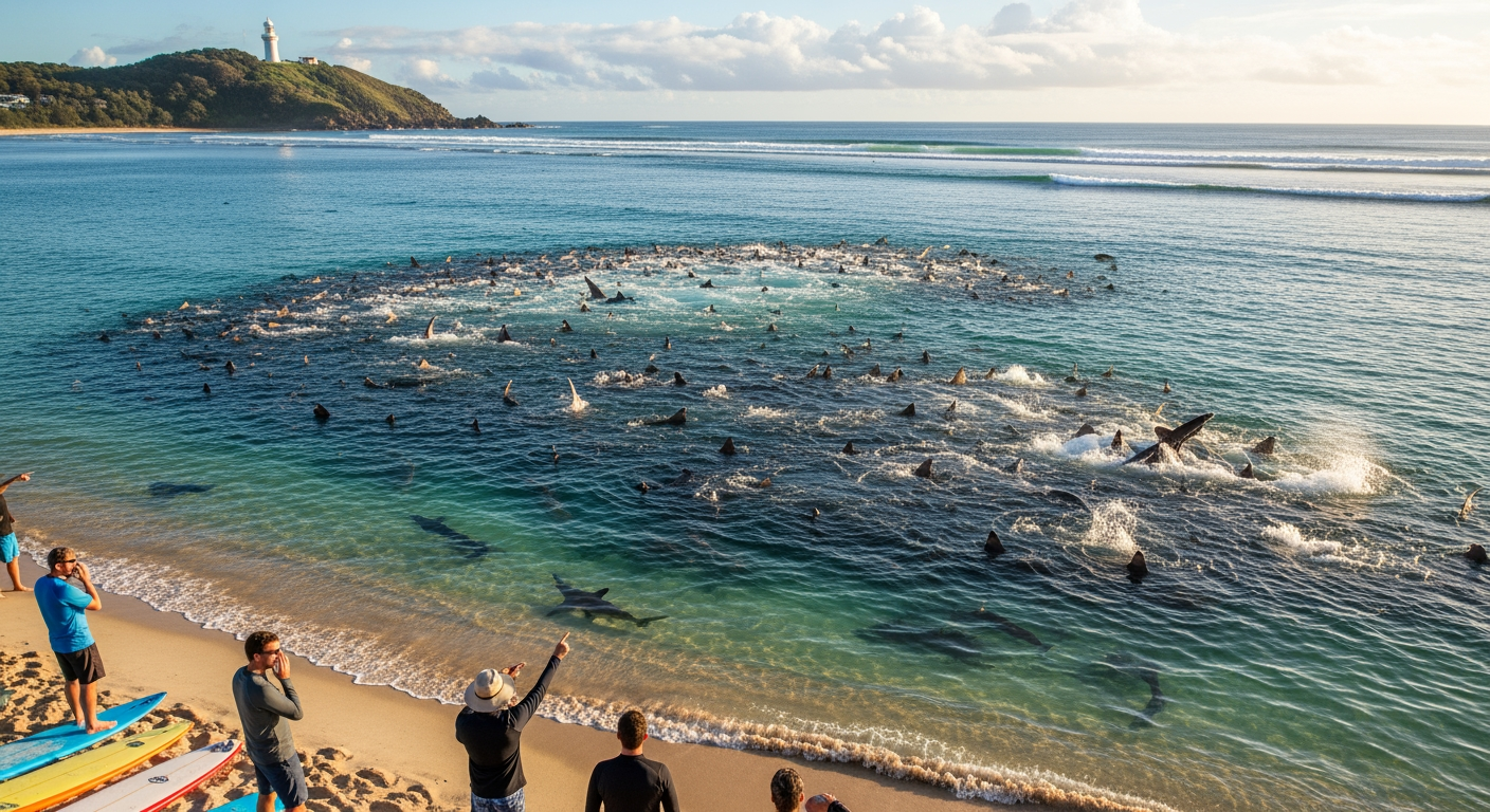 拜倫灣附近拍到數百隻鯊魚瘋狂捕食誘餌魚群