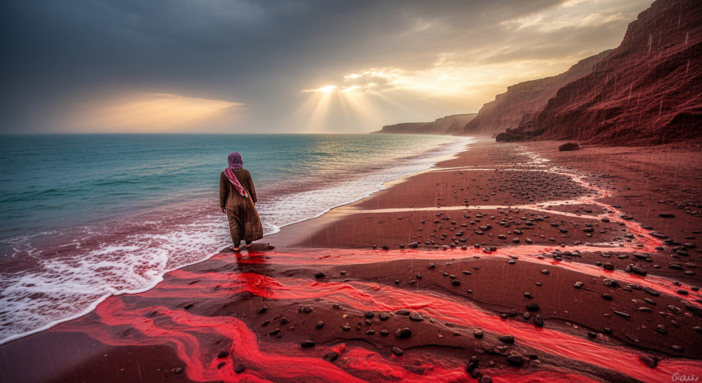 降雨在伊朗荷姆茲島海灘造就深紅色奇景