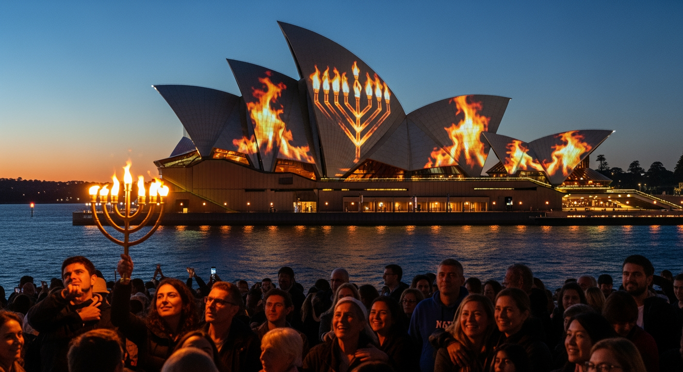 週一晚間，雪梨歌劇院（Sydney Opera House）點亮燭台圖案，慶祝光明節（Hanukkah）……