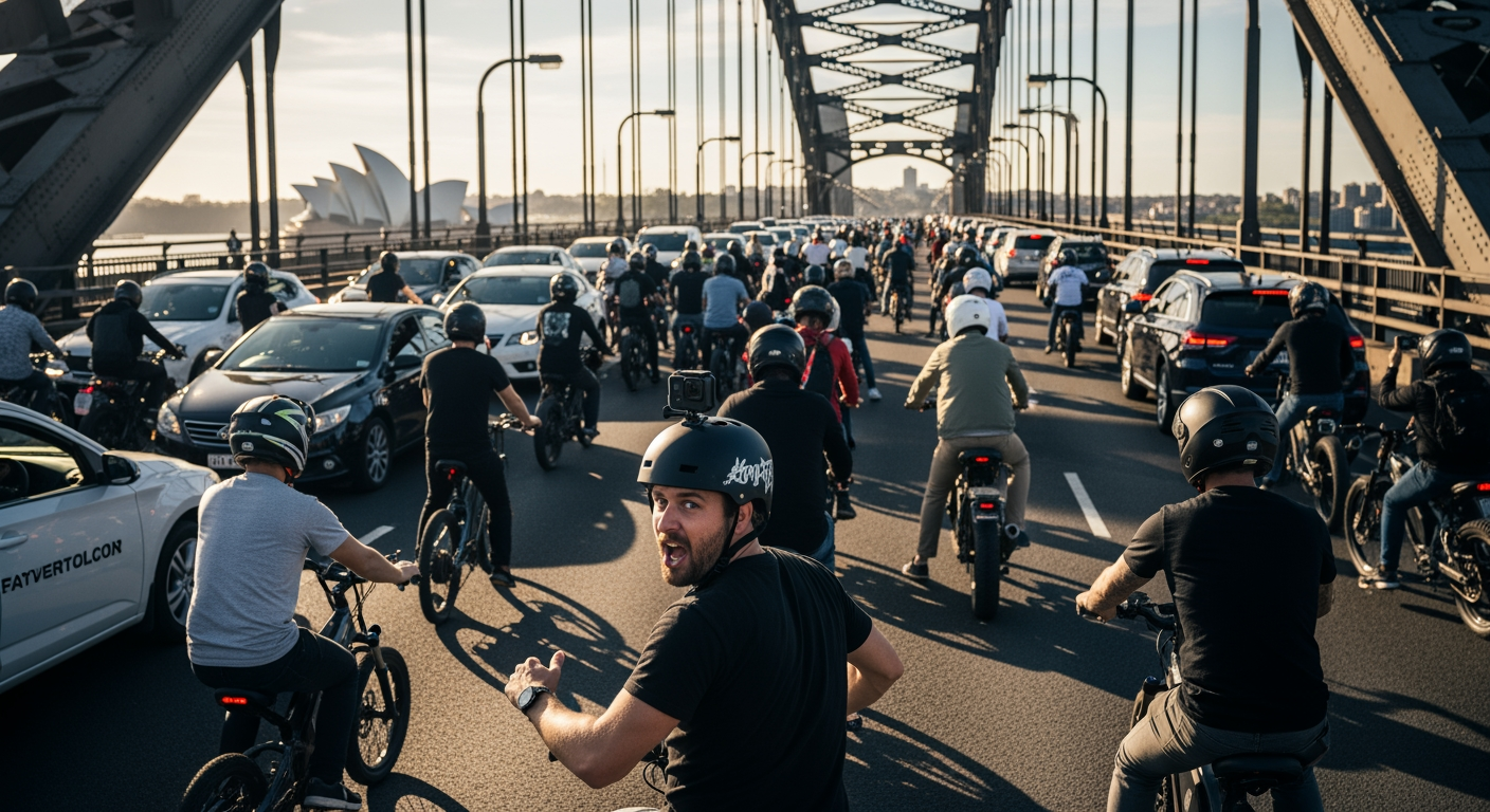 美國社群名人在大群電動自行車騎士聚集雪梨港灣大橋後遭罰款